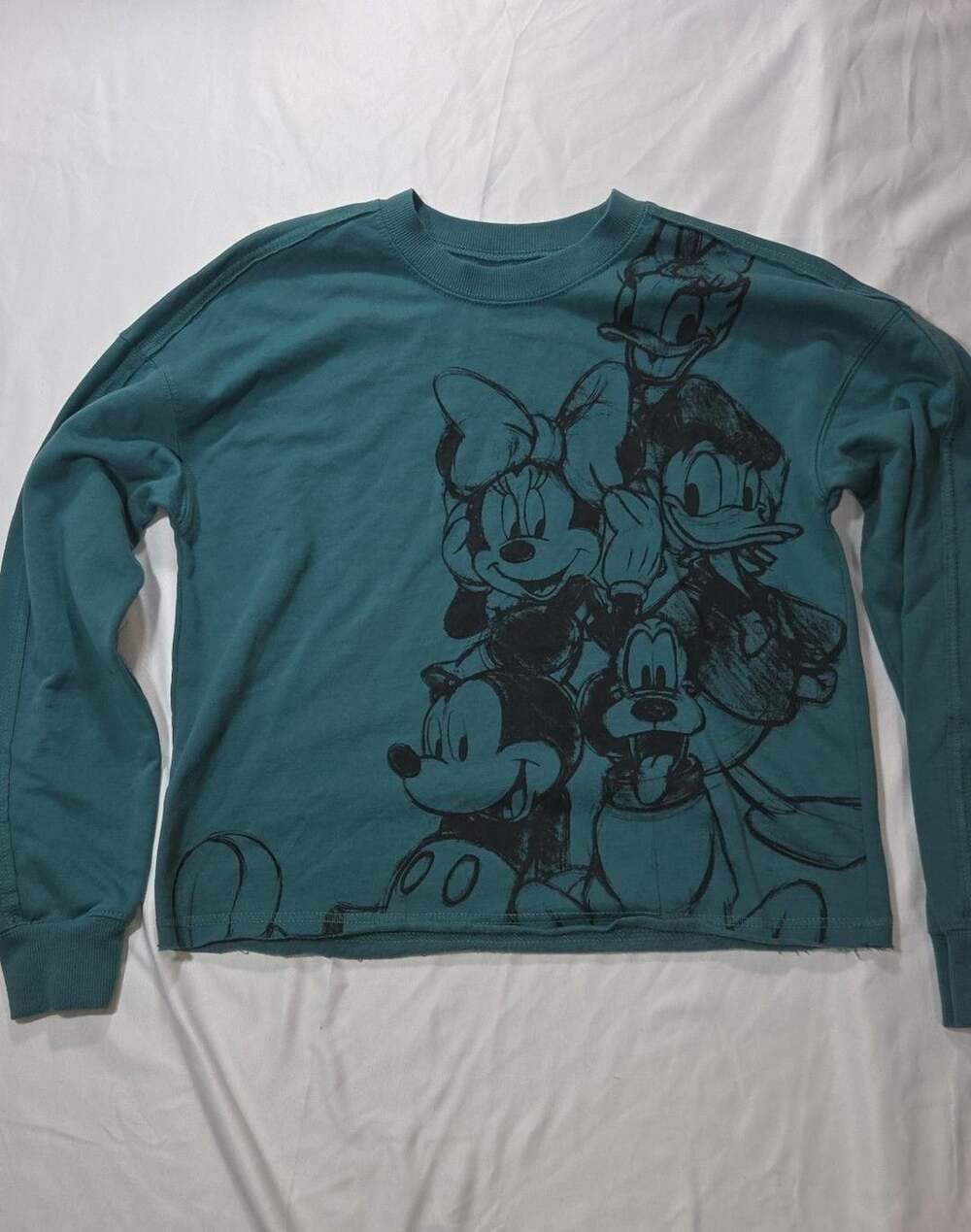 Disney Mickey And Friends Green Teal Long Sleeve Light Cropped Sweater